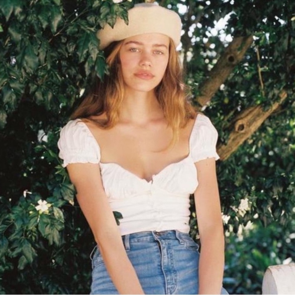 WITH JEAN Louie White Milkmaid Short Sleeve Button Up Top Shirt